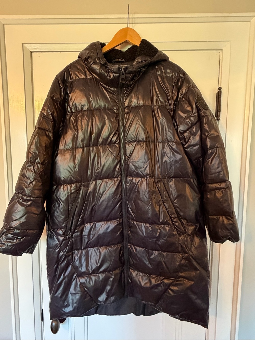 Long Hooded Women's Puffer Coat in Dark Brown